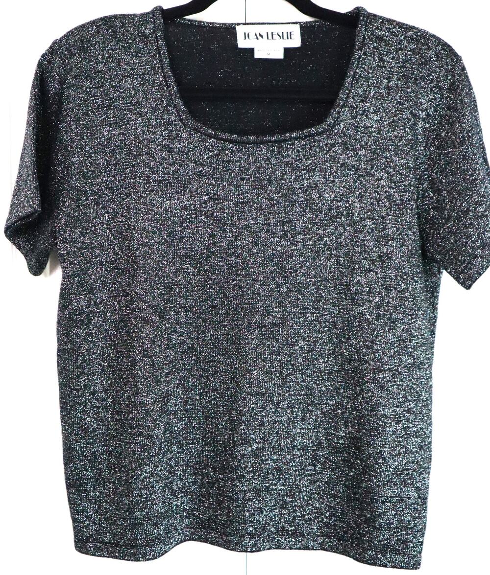 Vintage 90s Joan Leslie Black Glitter Boxy Short Sleeve Shirt Blouse M
